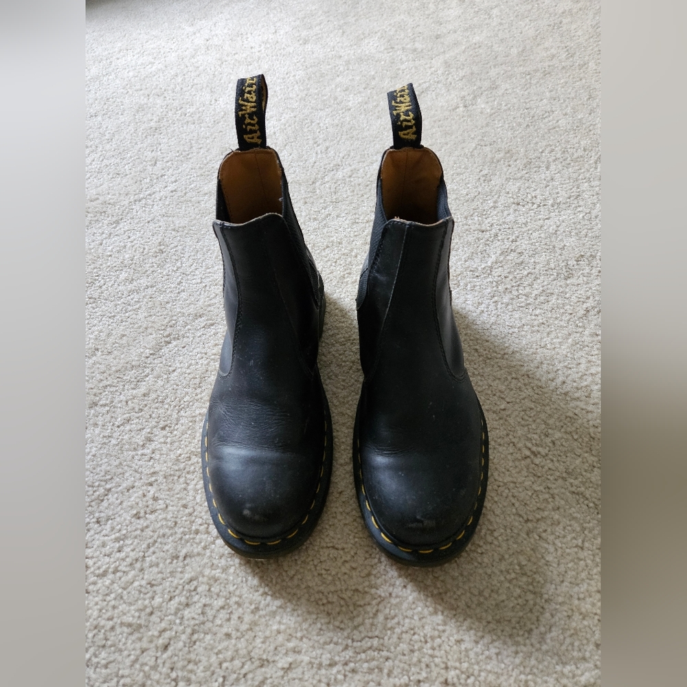 Dr. Martens Black Chelsea Leather Ankle Boots with Yellow Stitching